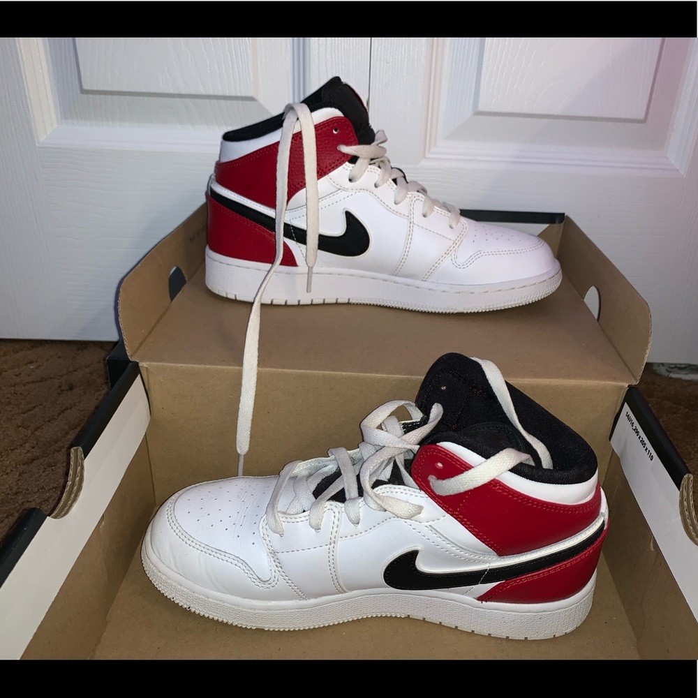 Jordan 1 black/white/red mids; size 5.5y